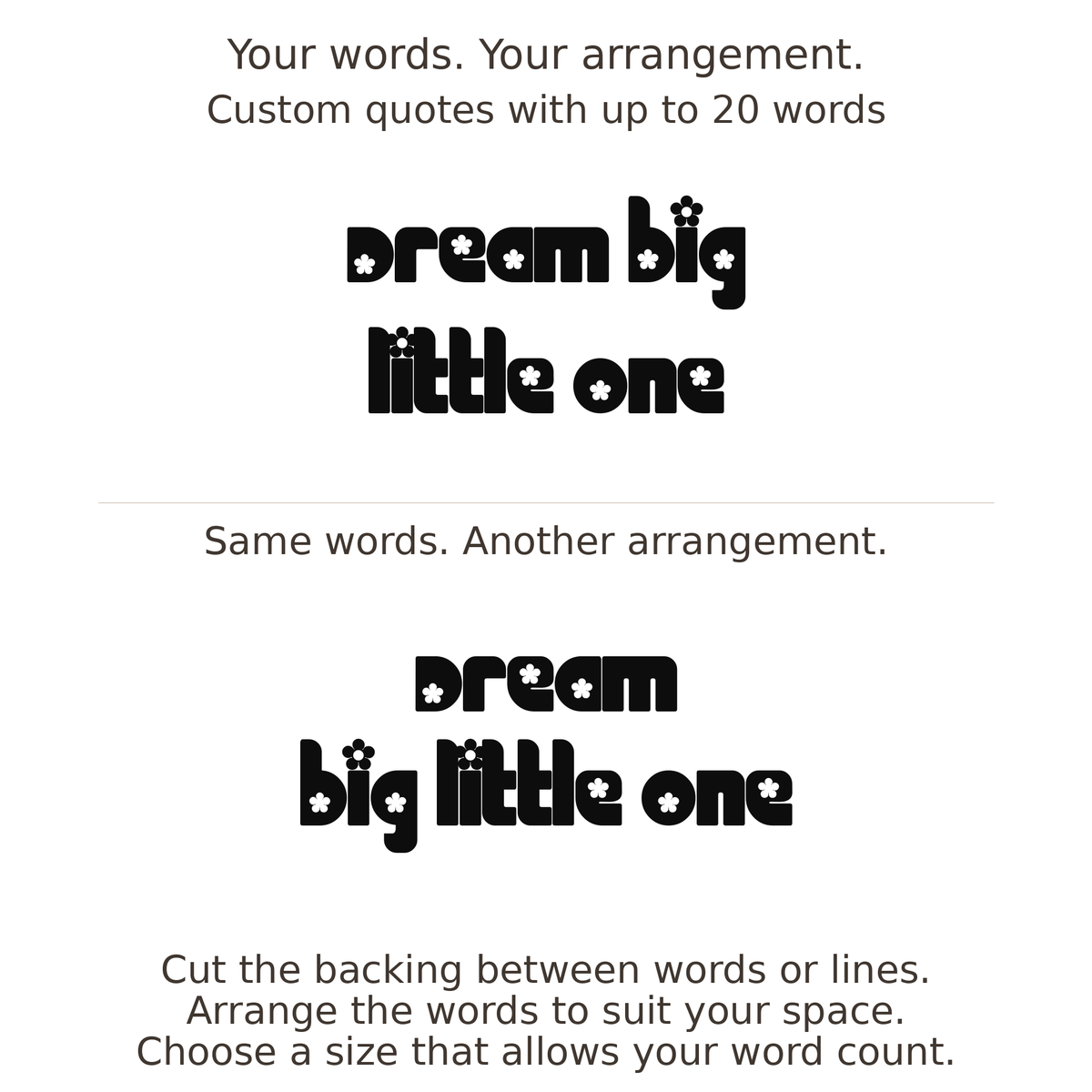 Large readable custom quote guide showing two arrangements with the same letter size