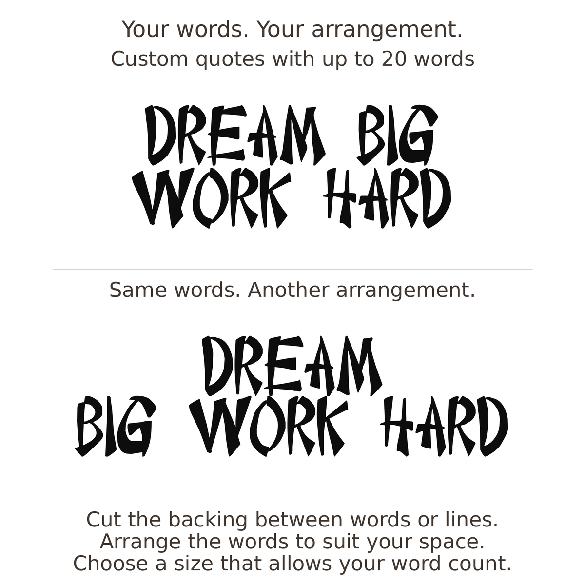 Large readable custom quote guide showing two arrangements with the same letter size