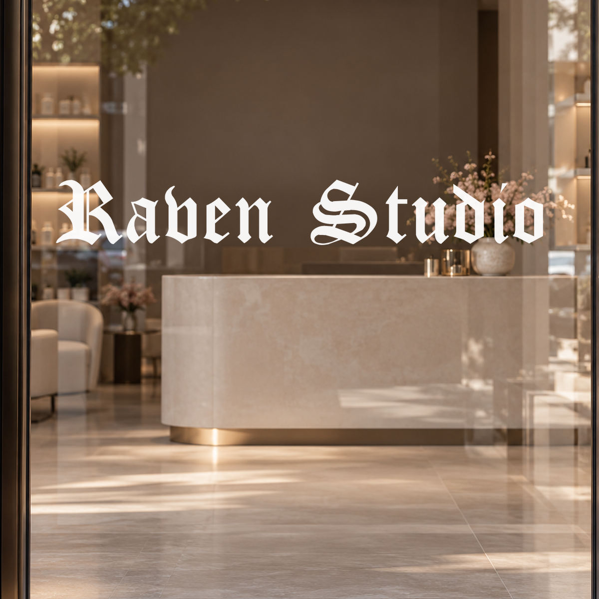 Raven Studio custom lettering on glass