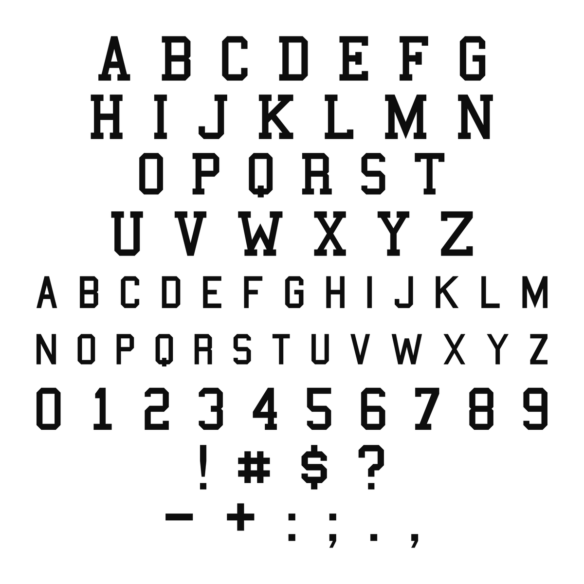 Alphabet numbers and available symbols