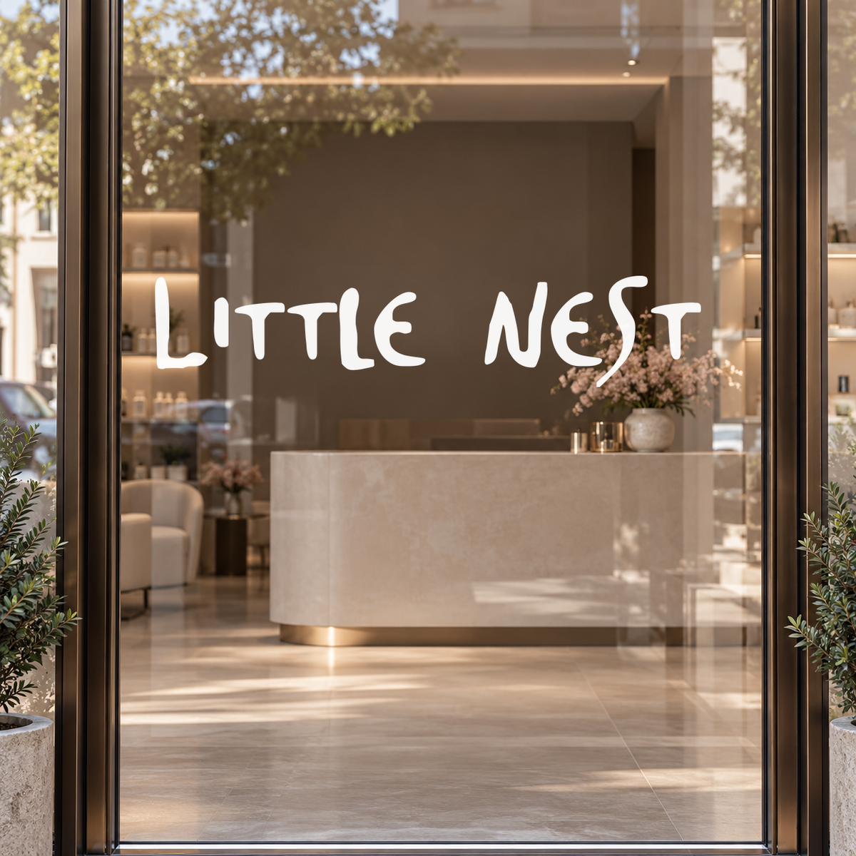 Little Nest custom vinyl lettering on glass