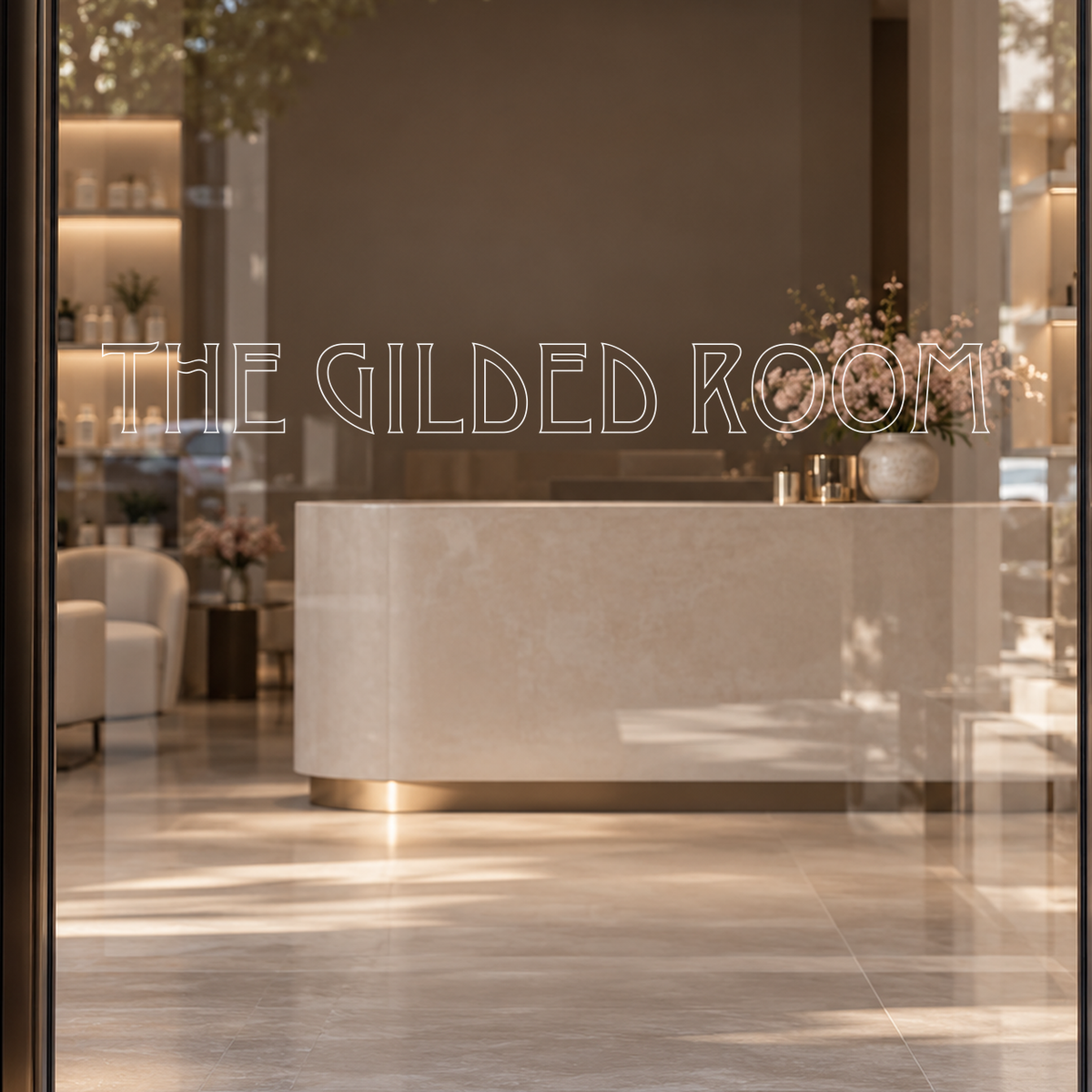THE GILDED ROOM custom lettering on glass