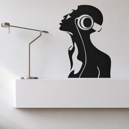 Retro radio girl wall decal with headphones