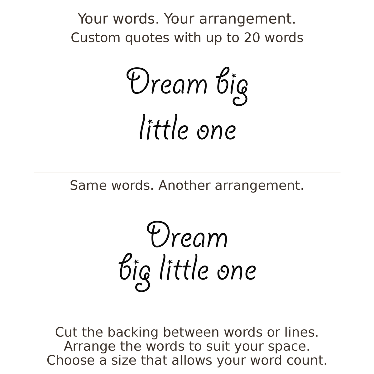 Large readable custom quote guide showing two arrangements with the same letter size