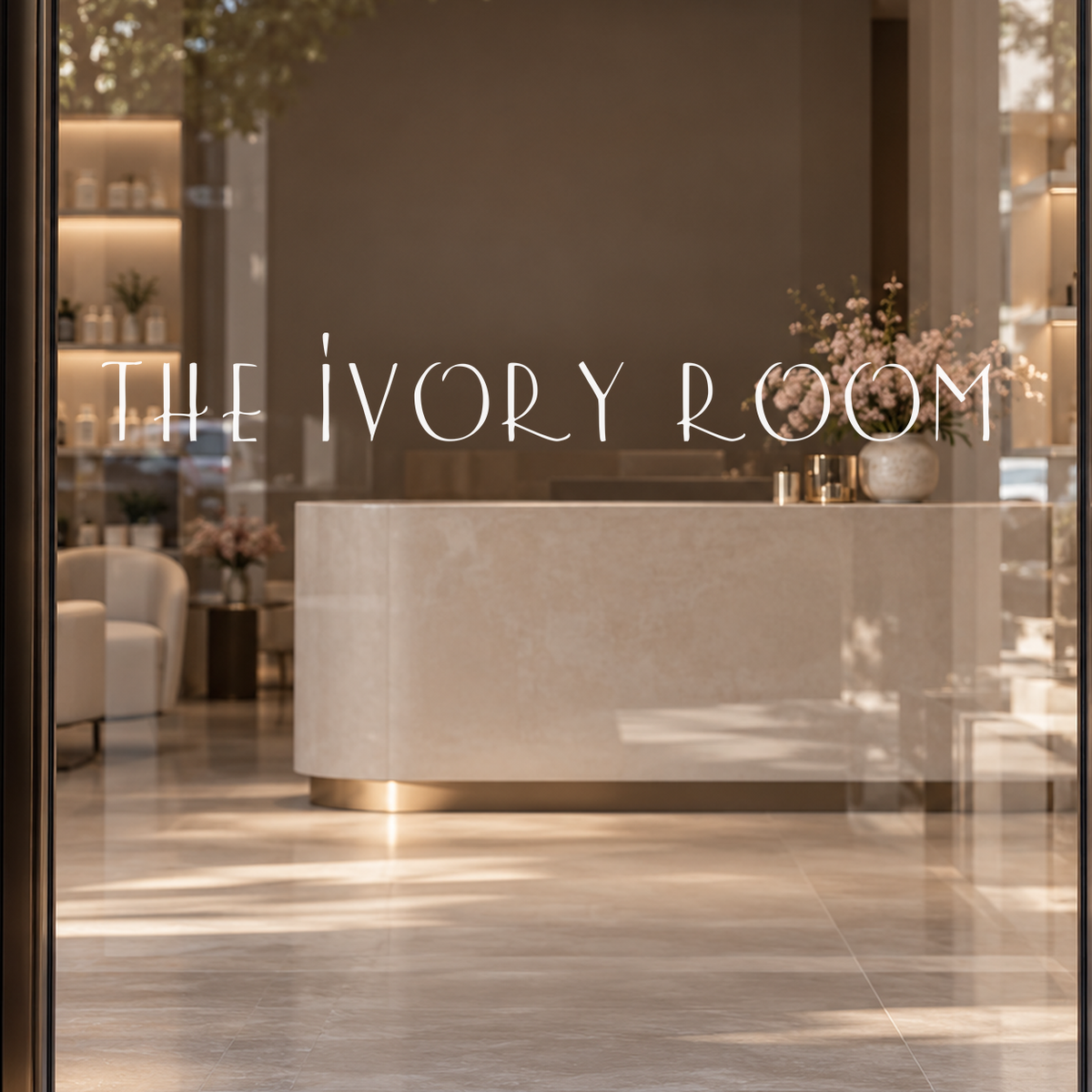 THE IVORY ROOM custom lettering on glass