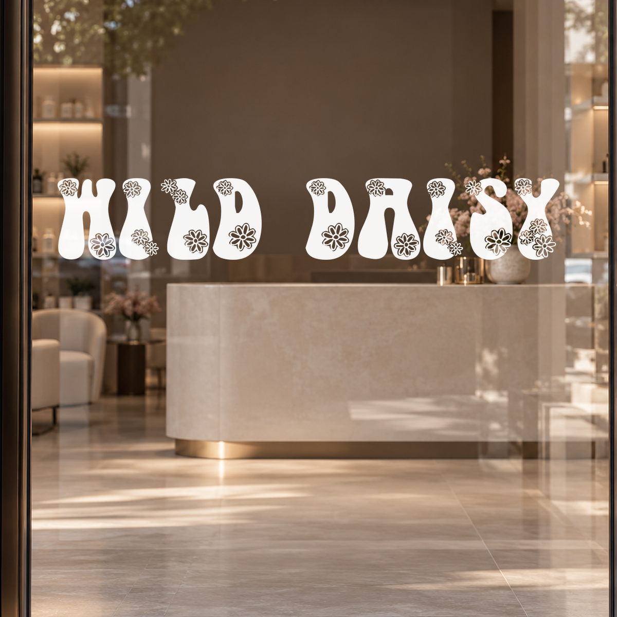 WILD DAISY custom lettering on glass