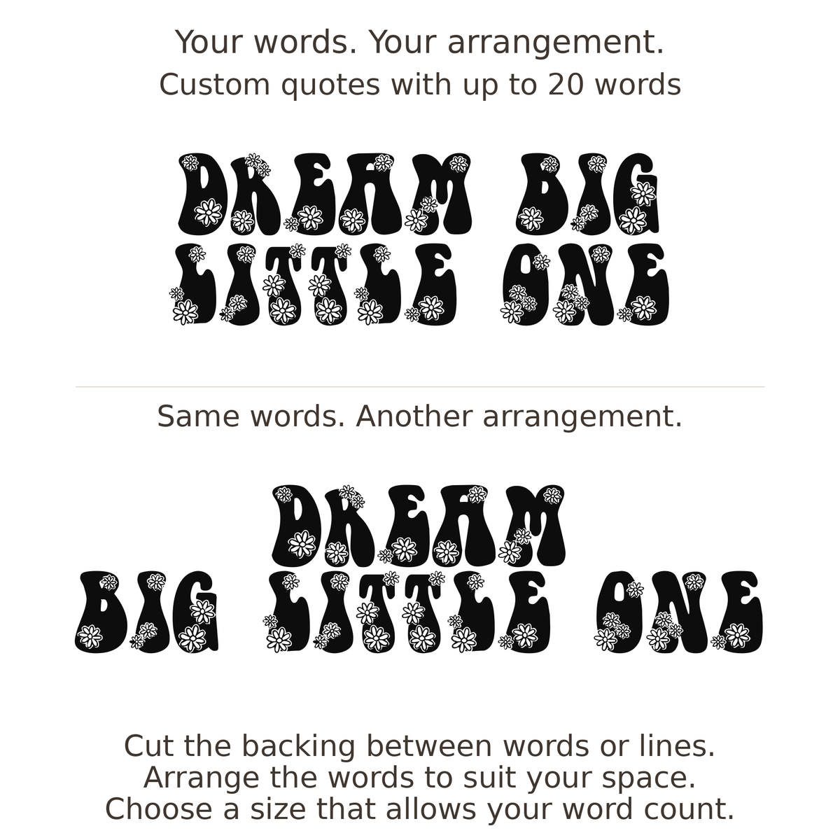 Large readable custom quote guide showing two arrangements with the same letter size