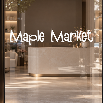 Maple Market custom lettering on glass close up