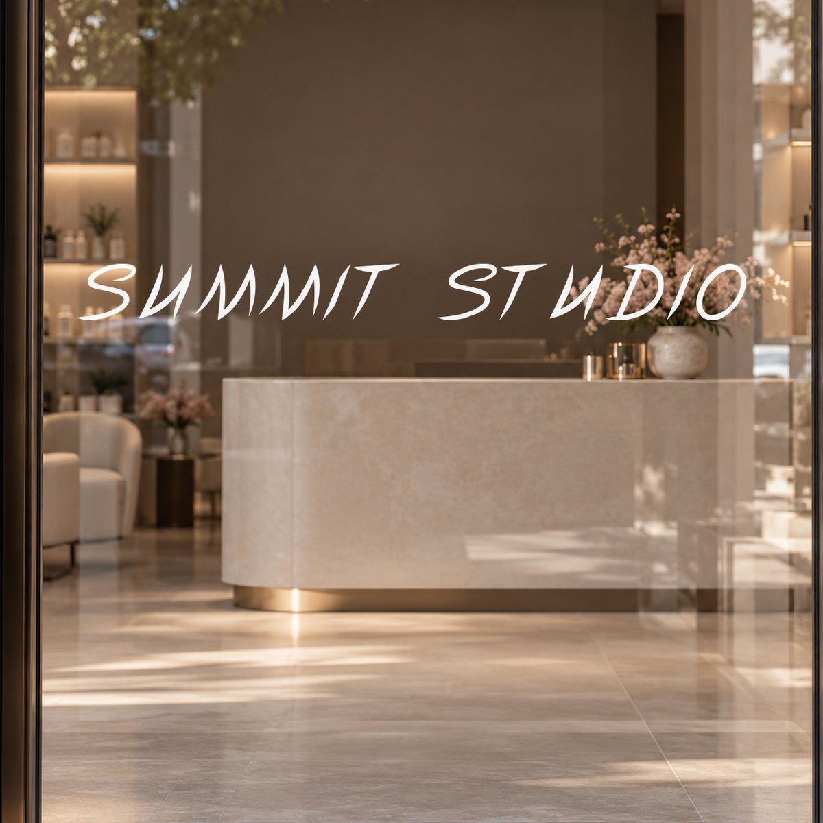 SUMMIT STUDIO custom lettering on glass