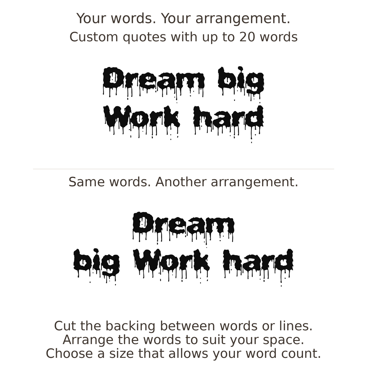 Large readable custom quote guide showing two arrangements with the same letter size