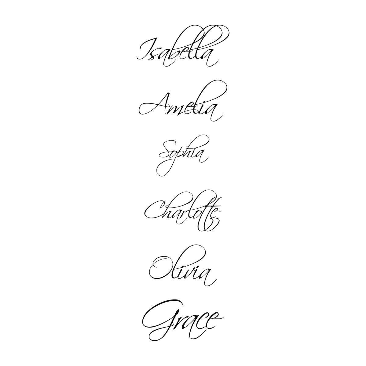 Six names shown in flowing script