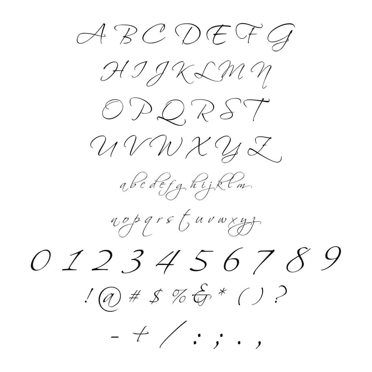 Flowing script alphabet numbers and available symbols