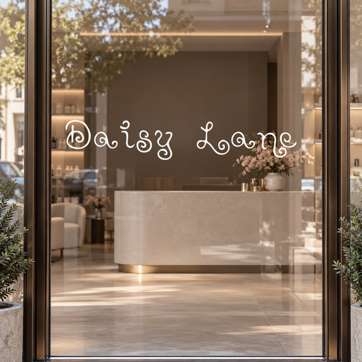 Daisy Lane custom vinyl lettering on glass