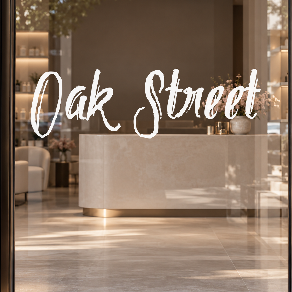 Oak Street custom lettering on glass