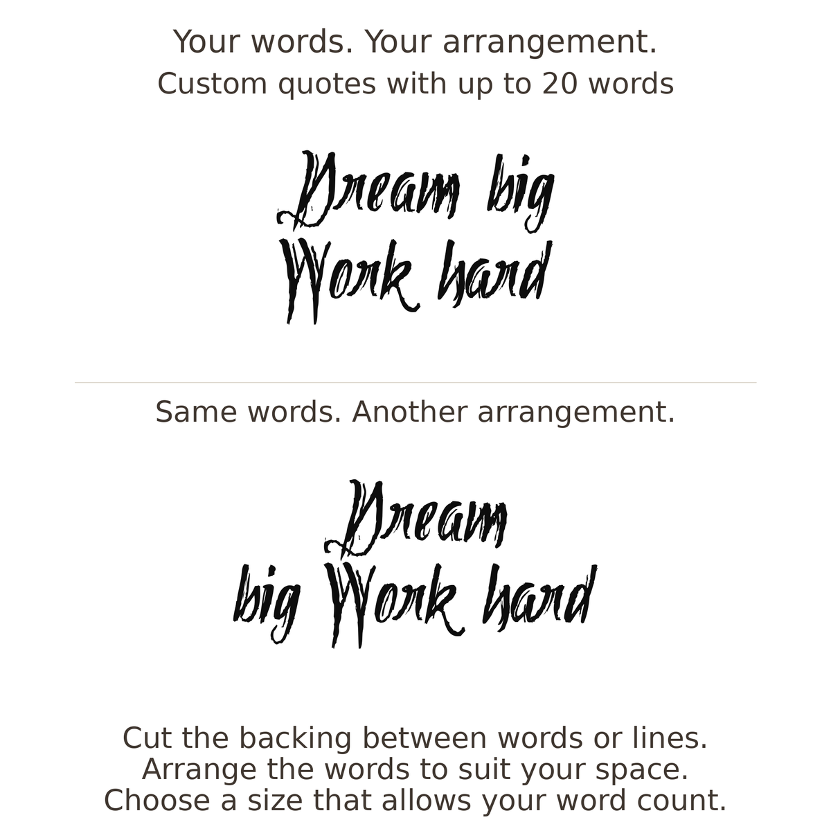 Large readable custom quote guide showing two arrangements with the same letter size