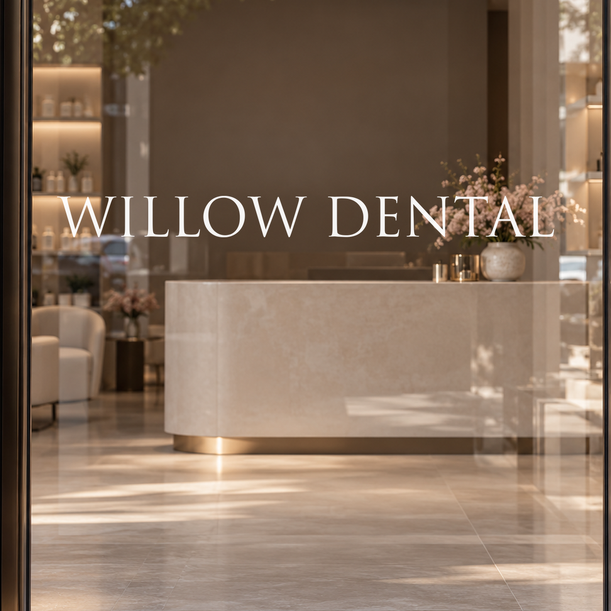 WILLOW DENTAL custom lettering on glass