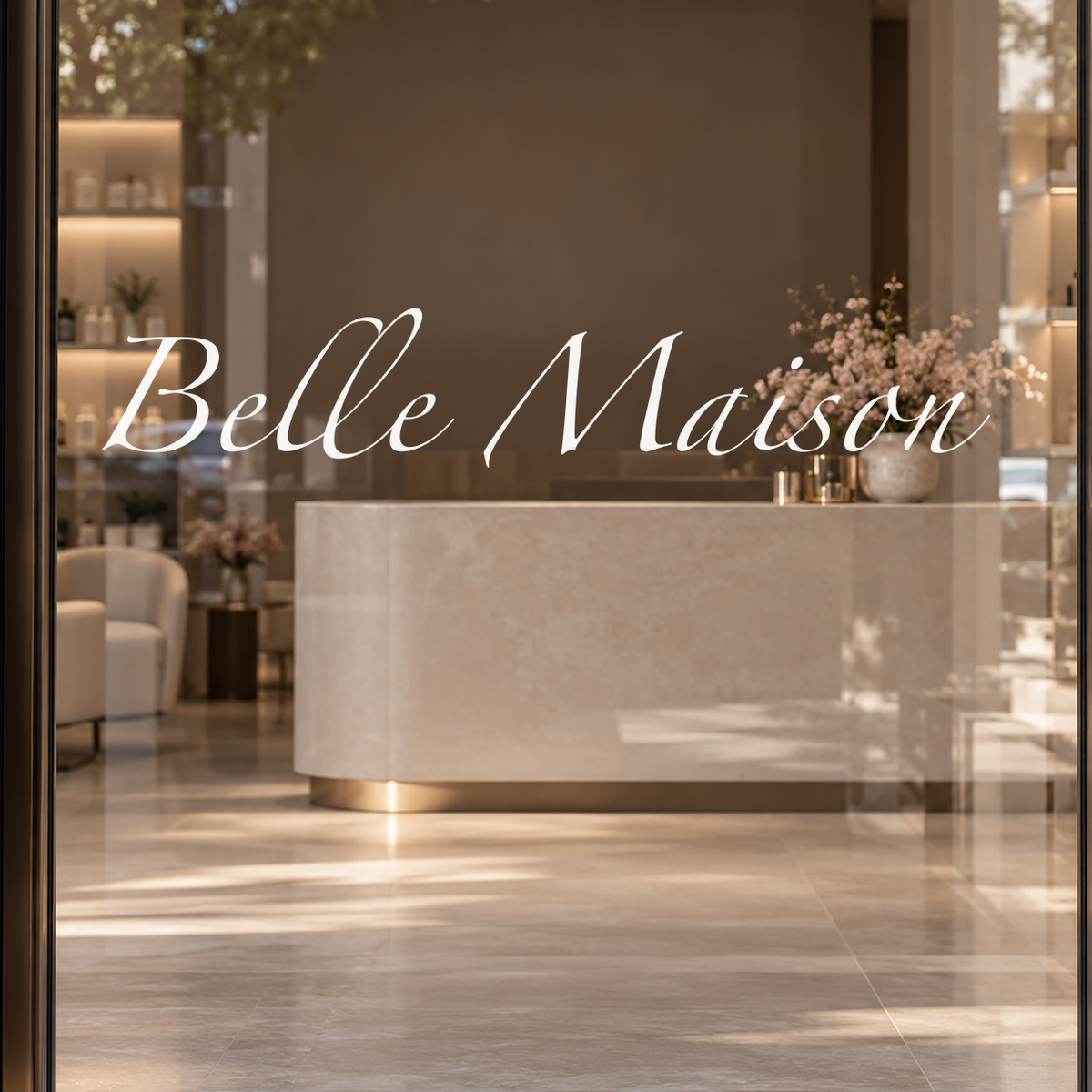 Belle Maison custom lettering on glass