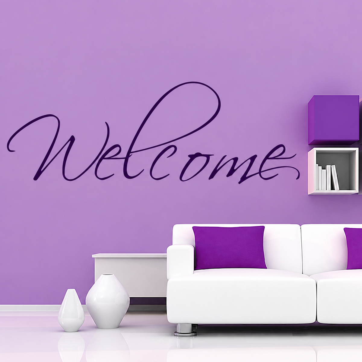 Welcome script wall decal on a lavender wall