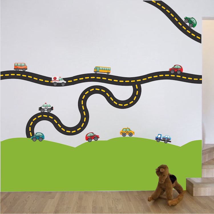 Cars and Race Track Wall Decal Kid's Bedroom Racetrack Wall Decor Removable Car Stickers, b41