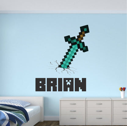 Boys Sword Personalized Name Wall Decal Video Game Wall Decor Kids Bedroom Wallpaper Decal, s32