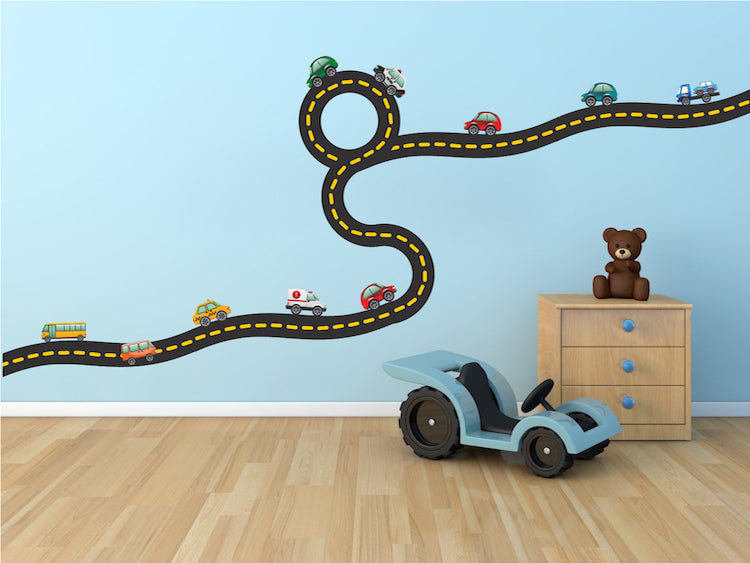 Cars and Race Track Wall Decal Kid's Bedroom Racetrack Wall Decor Removable Car Stickers, b41