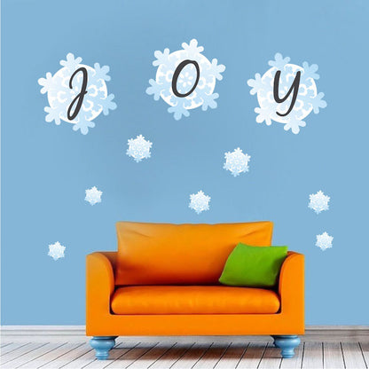 Joy Snowflake Wall Decals Window Decal Snowing Christmas Decor Snow Cartoon Winter Mural, h36