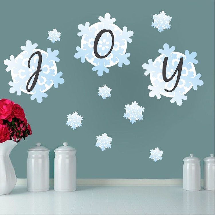 Joy Snowflake Wall Decals Window Decal Snowing Christmas Decor Snow Cartoon Winter Mural, h36