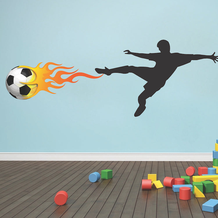 Soccer Player Flames Wall Decal Decor Removable Kids Room Wall Sport Room Decal, s00