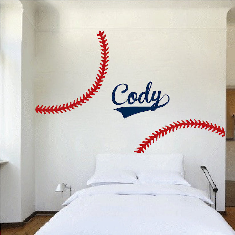 Custom Baseball Stitches Wall Decal Personalized Name Baseball Mural Kids Room Sports Decor, s06