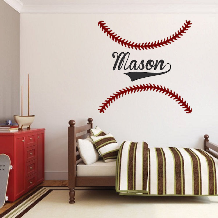 Custom Baseball Stitches Wall Decal Personalized Name Baseball Mural Kids Room Sports Decor, s06