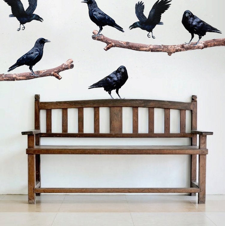 Crows on a Branch Wall Sticker Decal Raven Art Black Birds Decor Tree Branch Wall Stickers, a42
