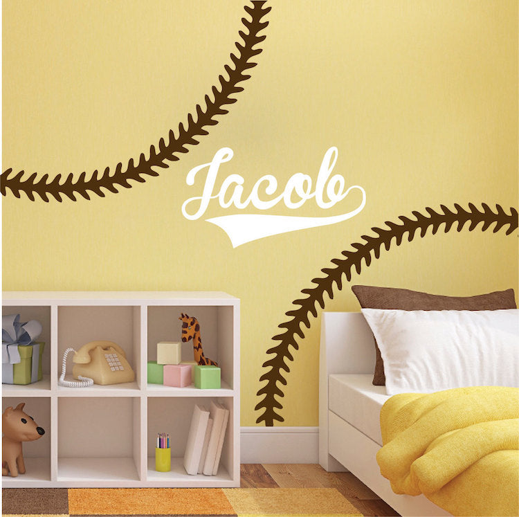 Custom Baseball Stitches Wall Decal Personalized Name Baseball Mural Kids Room Sports Decor, s06