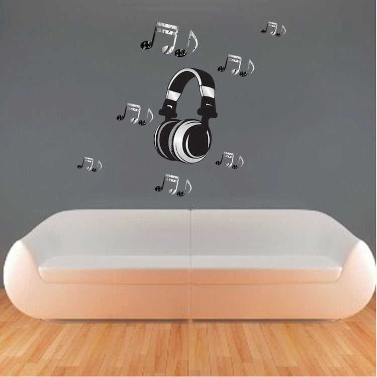 Headphone Music Wall Decal Sticker for Dorm Room Musical Notes Wall Mural Removable Music Art, c28